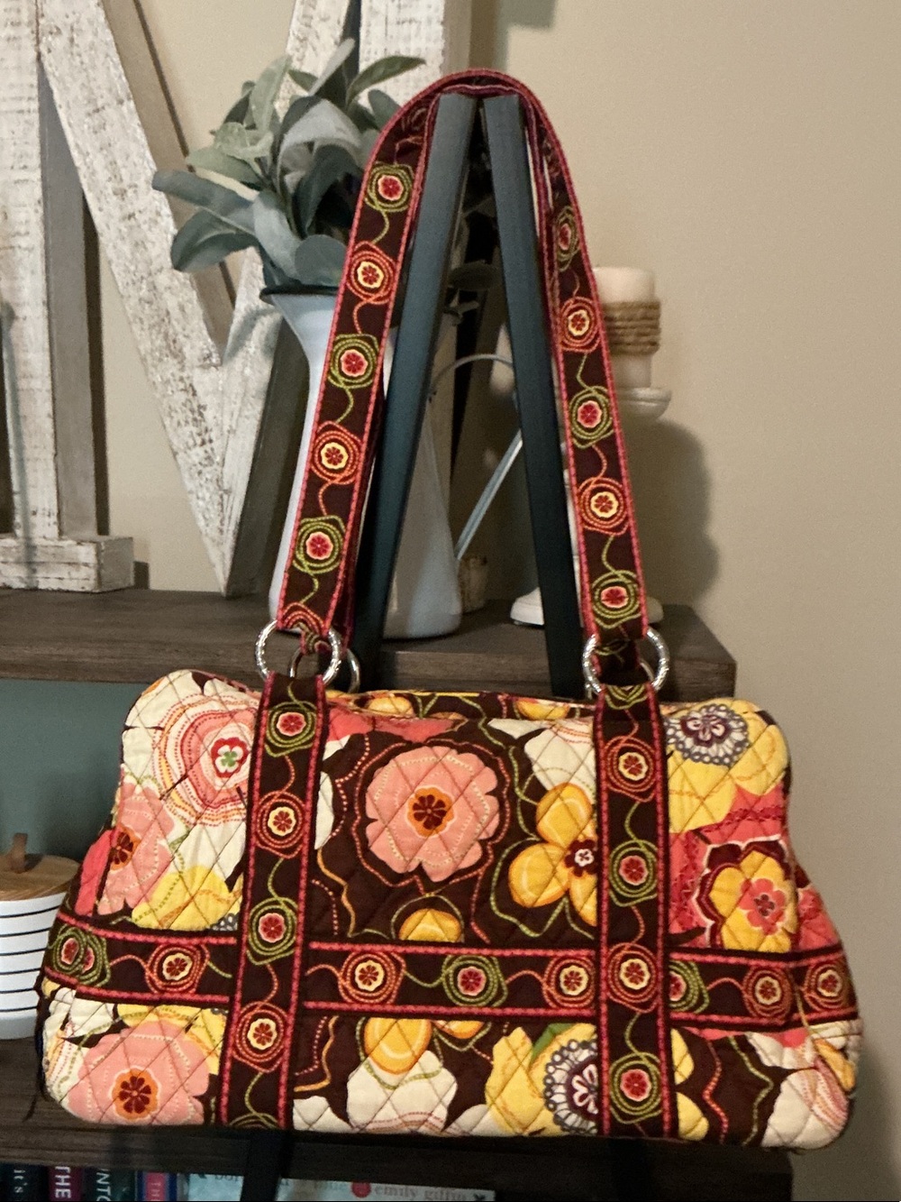 Vera Bradley Buttercup Quilted Floral Tote Bag in Brown, Yellow & Pink